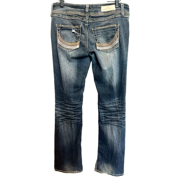 Y2K Almost Famous Womens Low Rise Boot Cut Jeans Size 9 Distressed Whiskered - Picture 1 of 15